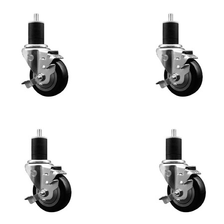 Service Caster 3.5'' SS Black Poly Swivel 1-3/4'' Expanding Stem Caster Set with Brake, 4PK SCC-SSEX20S3514-PPUB-BLK-TLB-134-4